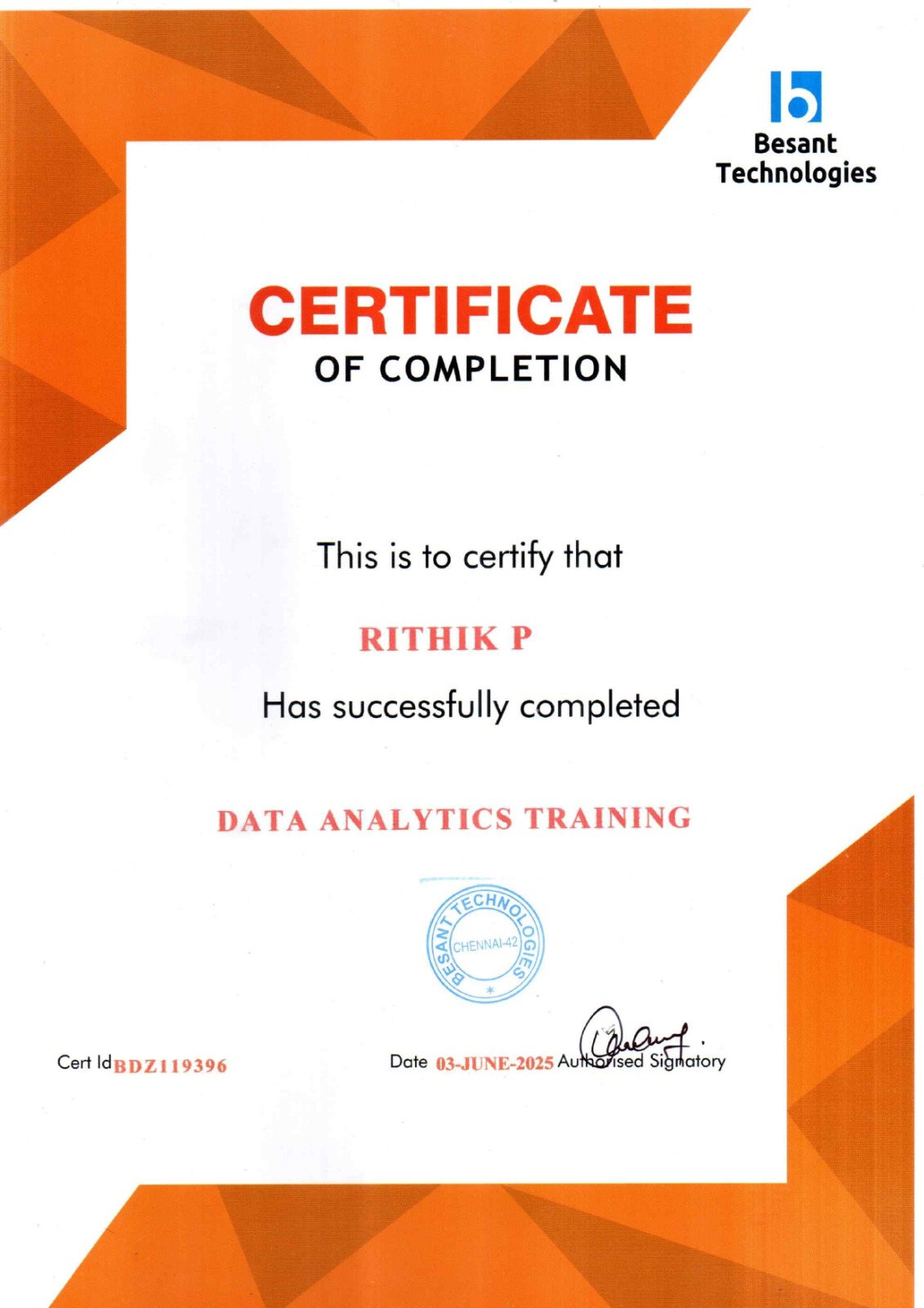 Besant Technologies Data Analyst Certificate